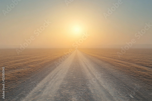 Empty road cutting through vast desert; sun beating down on endless sand dunes under clear blue sky.