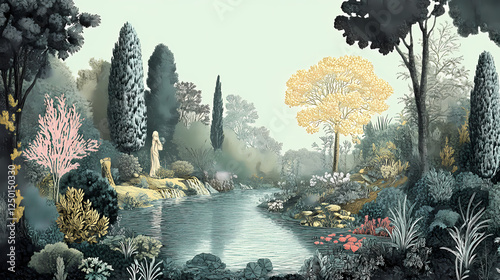 Serene garden of eden with adam and eve by a river. Celestial Gardens. Illustration