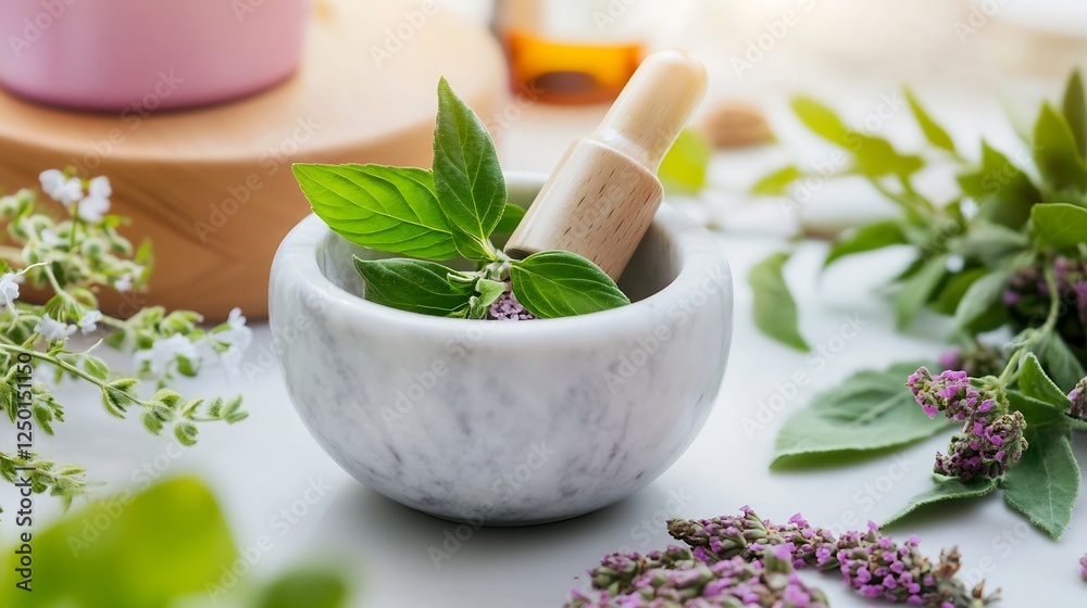 Fresh green herbs in a marble mortar with pestle for healthy cooking and natural remedies : Generative AI Fresh green herbs in a marble mortar with pestle for healthy cooking and natural remedies : Generative AI