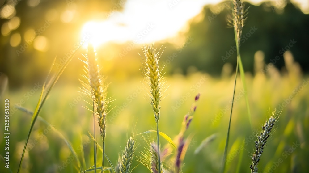 Fototapeta premium Golden Sunlight Shining on Wheat Grass in a Serene Natural Setting : Generative AI