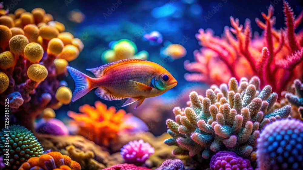 Fototapeta premium Tiny fish find refuge in a high-resolution, colorful coral reef underwater scene.