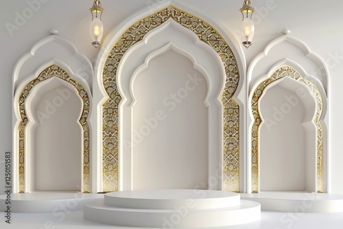 clean white Islamic podium display decoration background lit by sunlight with ramadan kareem  iftar  eid al fitr adha  muharram  isra miraj  3D illustration.