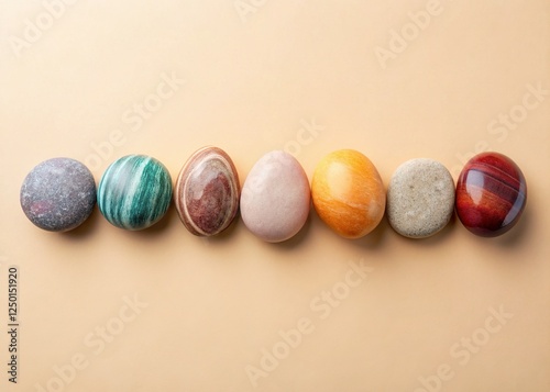 Minimalist Summer Flat Lay: Smooth Pebbles & Sardonyx Stones on Beige photo