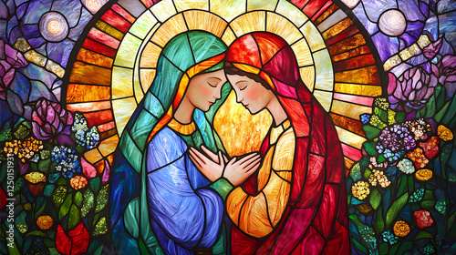 stained glass mary elizabeth embracing