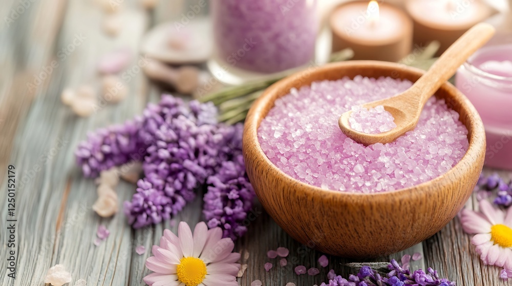 Relaxing Lavender Spa Setting with Pink Sea Salt Candles and Flowers on Rustic Wooden Table : Generative AI Relaxing Lavender Spa Setting with Pink Sea Salt Candles and Flowers on Rustic Wooden Table : Generative AI