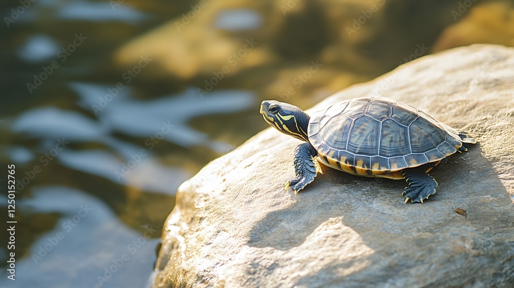 Young Turtle Basking on a Rock Near Water Young Turtle Basking on a Rock Near Water