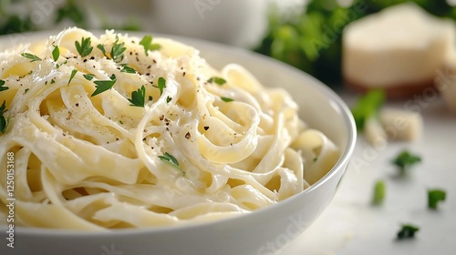 Creamy pasta in white bowl sits atop table with garlic, parsley, herbs, for food blog