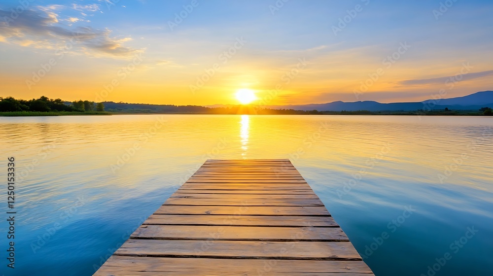 Fototapeta premium Serene Sunset Over Calm Lake with Wooden Pier and Glowing Horizon : Generative AI