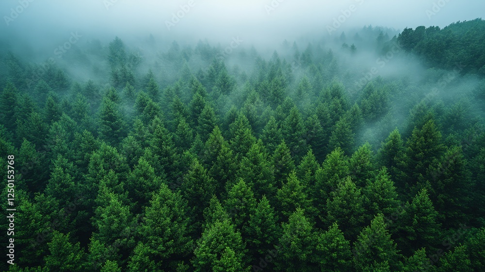 Lush green coniferous forest shrouded in mist, creating a serene and tranquil atmosphere Lush green coniferous forest shrouded in mist, creating a serene and tranquil atmosphere