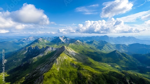 Breathtaking Aerial View of Lush Green Mountains Under a Clear Blue Sky : Generative AI