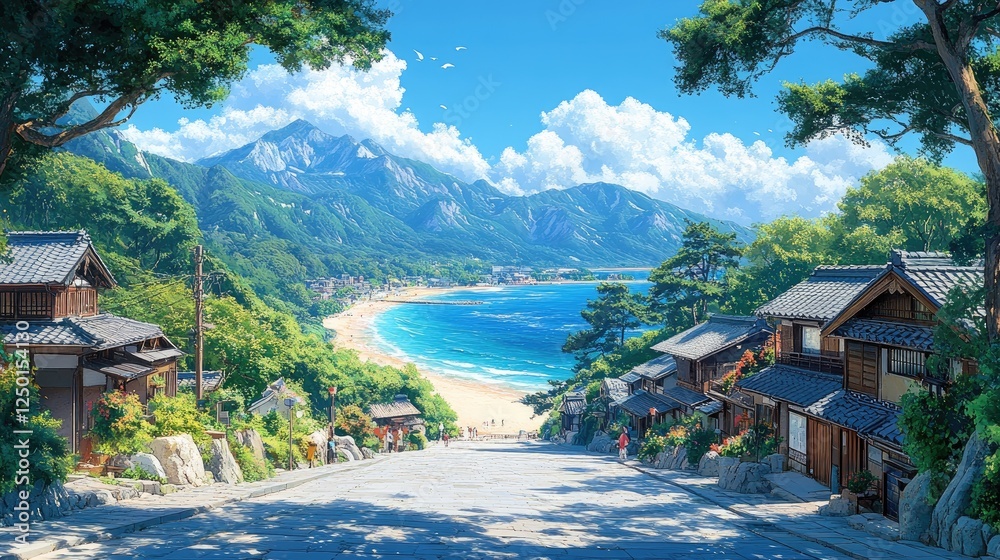 Naklejka premium A vibrant coastal street scene featuring traditional Japanese-style houses with wooden facades and tiled roofs,