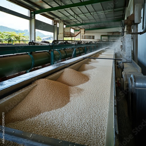Industrial Processing Plant, Beans Conveyed on Conveyor Belt