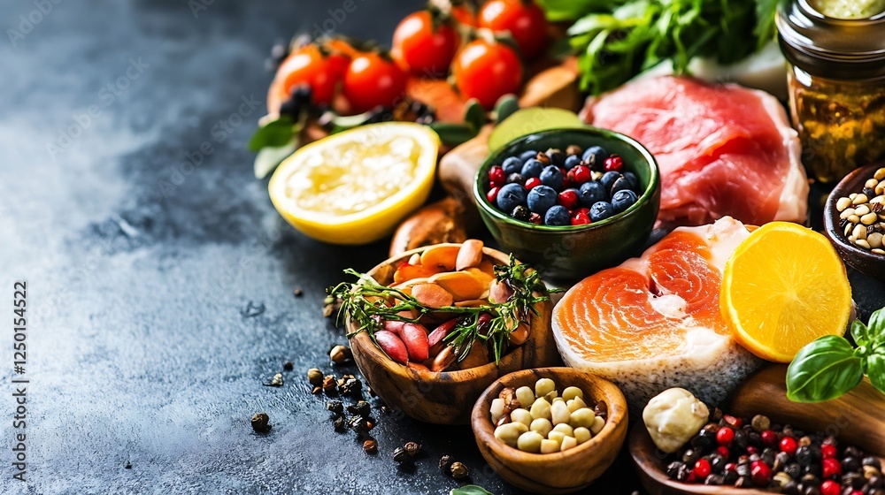 Variety of Fresh Ingredients Including Fish Meat and Greens on Table : Generative AI Variety of Fresh Ingredients Including Fish Meat and Greens on Table : Generative AI