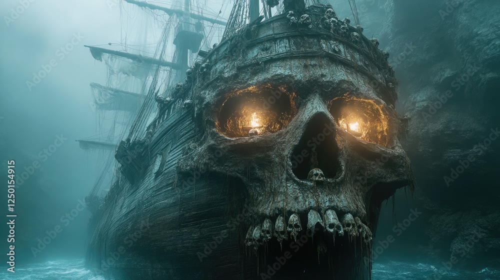 Fototapeta premium A haunting pirate ship shaped like a skull emerges from foggy waters, surrounded by eerie cliffs