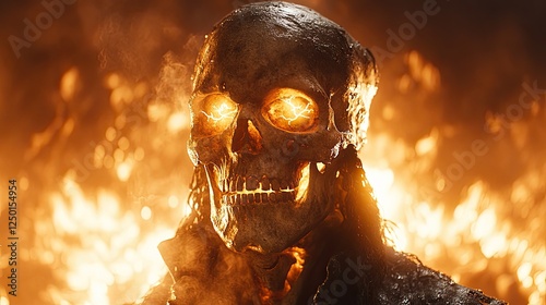 Fiery skull with glowing eyes amidst a backdrop of flames and smoke, creating a dramatic scene photo