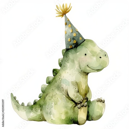 Fototapeta Naklejka Na Ścianę i Meble -  A cute dinosaur wearing a party hat, exuding a playful and cheerful vibe, perfect for children's themes or birthday celebrations.