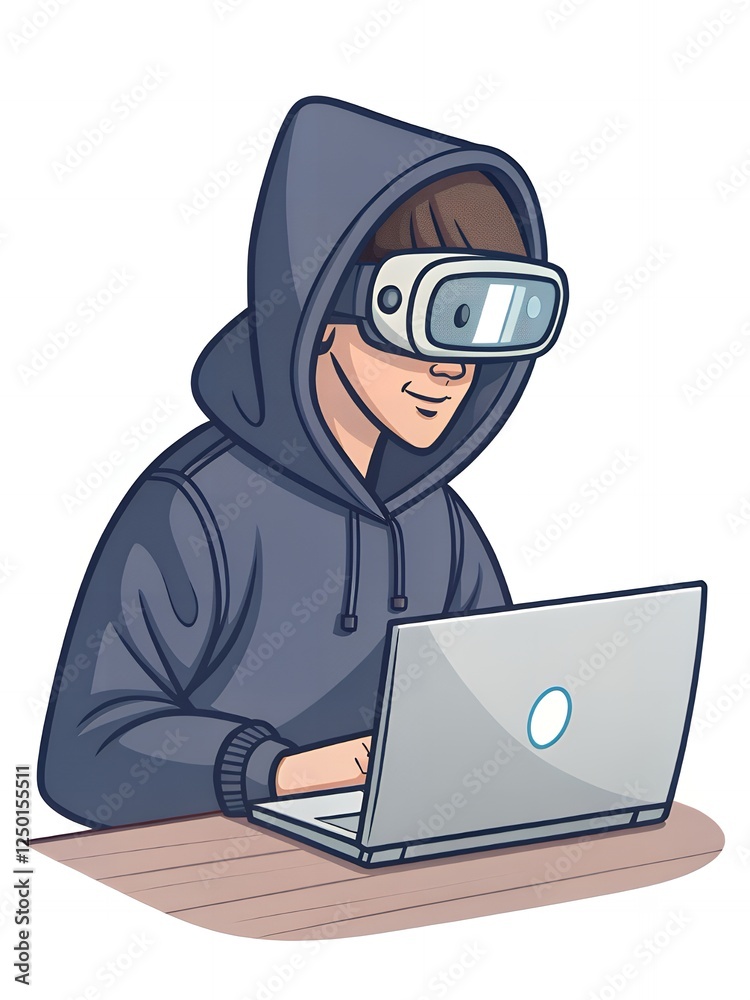 Person in VR Headset Using Laptop Modern Tech Digital Future Person in VR Headset Using Laptop Modern Tech Digital Future
