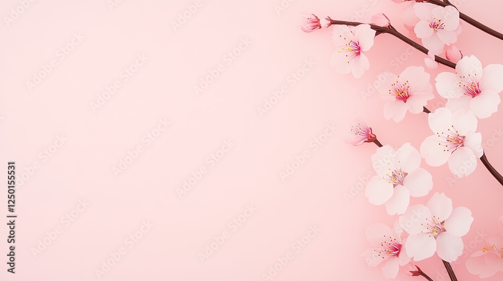 Fototapeta premium Delicate cherry blossom branches gracefully arranged on a soft pink background, evoking springtime serenity