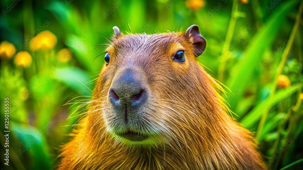 Fototapeta premium Close-Up Capybara Portrait: Nature's Gentle Giant in Lush Habitat