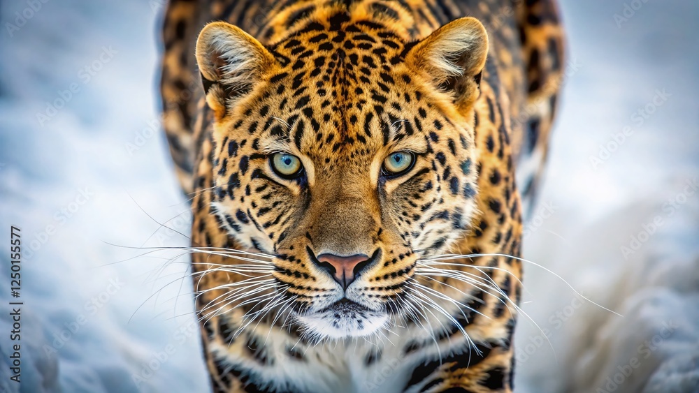 Naklejka premium Close-Up Confident Leopard Walking Towards Camera, Bright Background - Drone Photography