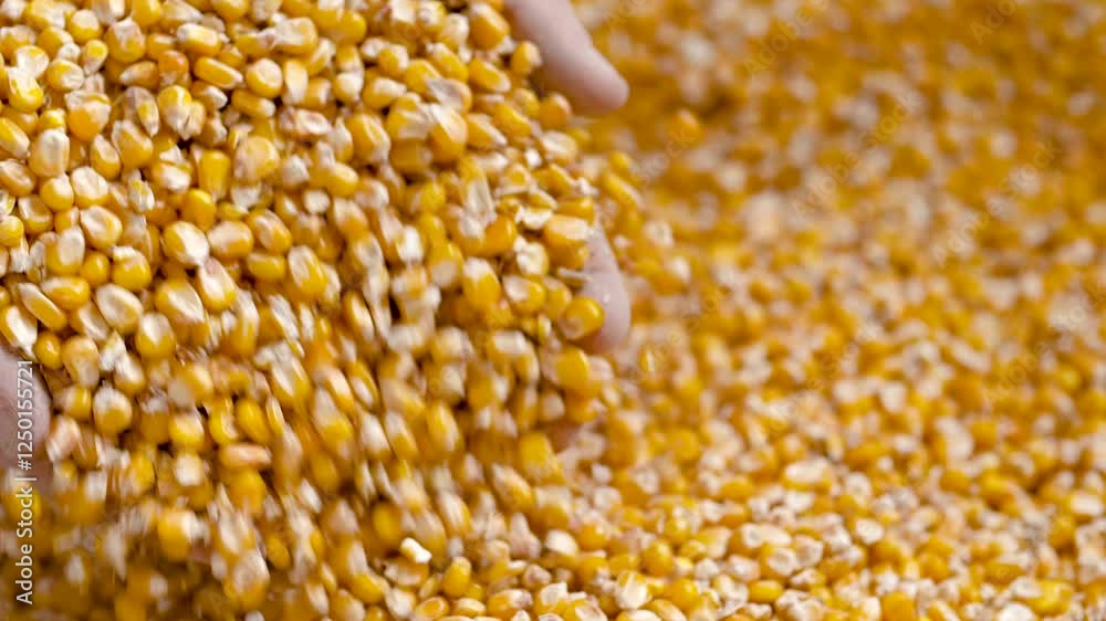 Farmer examines corn kernels during harvest season in golden fields Farmer examines corn kernels during harvest season in golden fields
