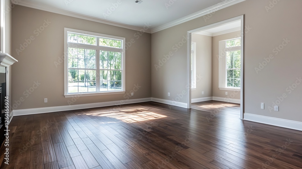 Fototapeta premium Modern Interior Living Room with Hardwood Floors and Large Windows for Bright Natural Light : Generative AI