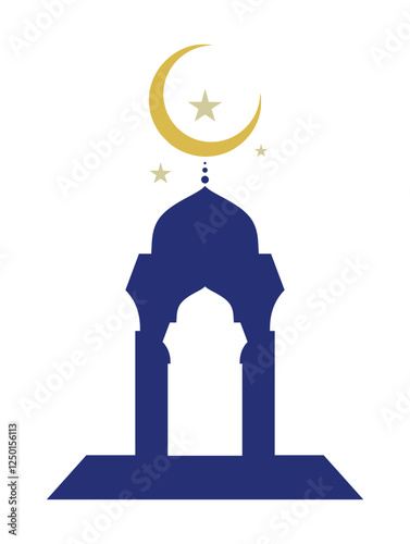 Crescent moon over a mosque.