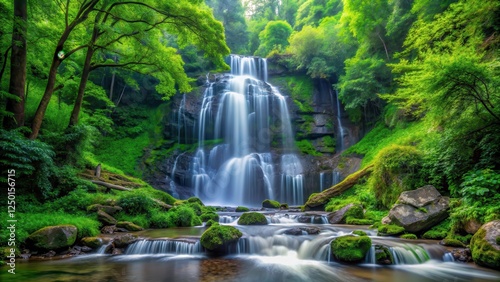 Serene waterfall cascading down a rocky slope amidst a dense lush green forest with towering trees and vibrant foliage, forest landscape, outdoor photography