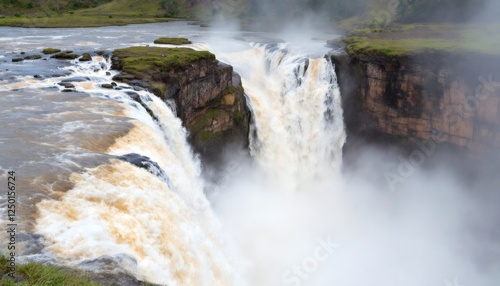 Majestic Waterfall Cascading into a Misty Gorge with Lush Surroundings