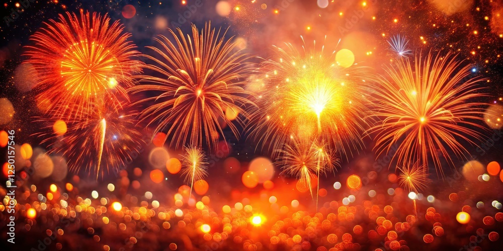 Fototapeta premium Fireworks Night Photography: Red Orange Spark Bokeh Dark Sky Smoke Explosions