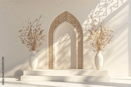 clean beige Islamic display podium decoration background light by sunlight  with ramadan kareem, iftar, eid al fitr adha, muharram, isra miraj, 3D illustration.