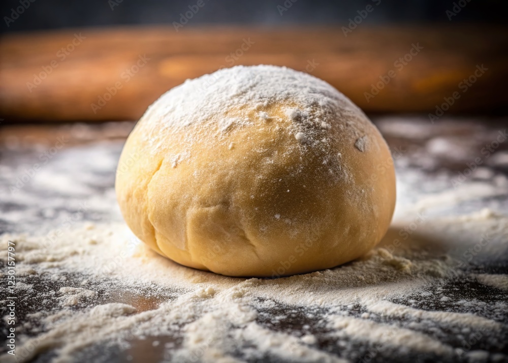 Close-up of Soft Dough Ball on Floured Surface, Ready for Baking - Perfect Culinary Stock Photo Close-up of Soft Dough Ball on Floured Surface, Ready for Baking - Perfect Culinary Stock Photo