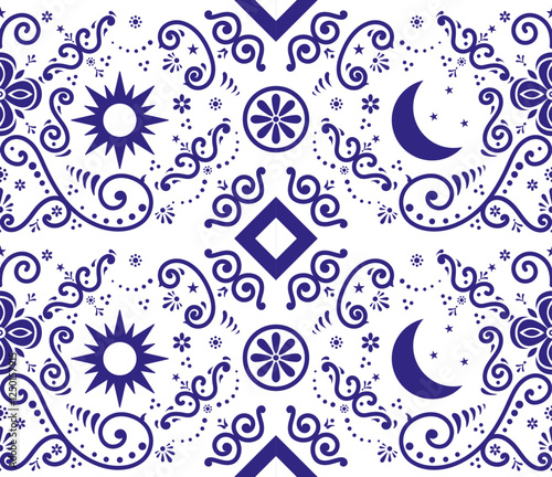 Traditional Blue Talavera Pattern with Sun and Moon – Mexican Decorative Design with Floral and Ornamental Elements
