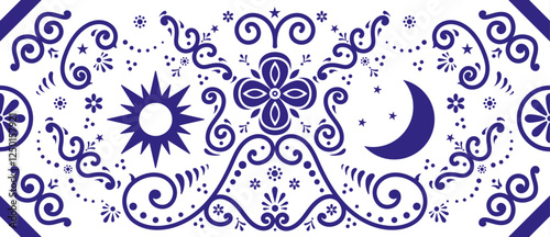 Decorative Tile Pattern with Sun and Moon – Classic Ornamental Design with Floral and Symmetrical Motifs