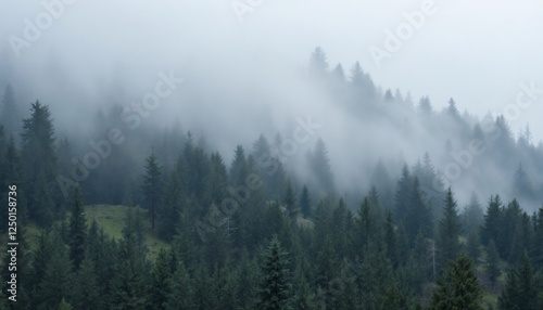 Misty Mountain Forest, Serene Pine Trees Shrouded in Fog