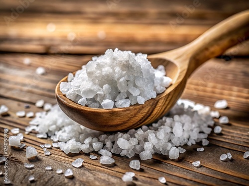 Coarse Sea Salt Crystals on Rustic Wooden Spoon - Natural Texture Stock Photo