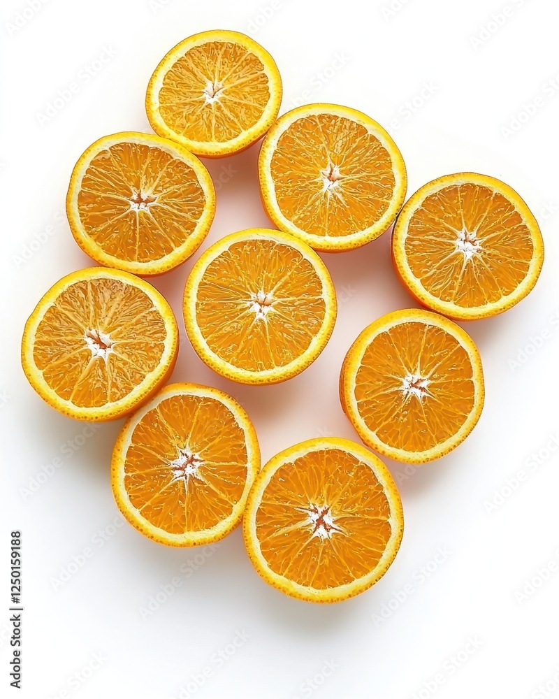 Fresh orange slices arranged on a white surface highlighting their vibrant color and juicy texture perfect for food-related themes Fresh orange slices arranged on a white surface highlighting their vibrant color and juicy texture perfect for food-related themes