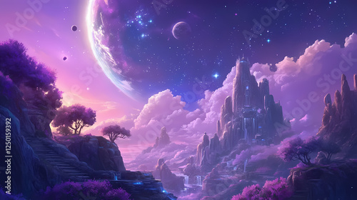 An image of a planet in the sky, view of the cosmos, celestial gardens, hearthstone colour style, futuristic valley. Celestial Gardens. Illustration