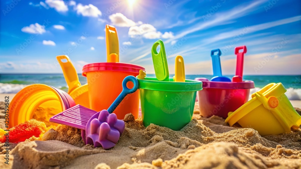 Colorful Beach Toys on Sandy Beach Summer Vacation Fun Colorful Beach Toys on Sandy Beach Summer Vacation Fun