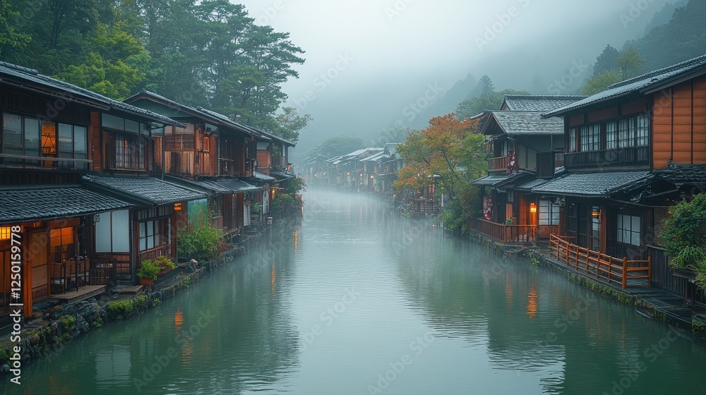 Fototapeta premium A tranquil river runs through a picturesque mountain village,