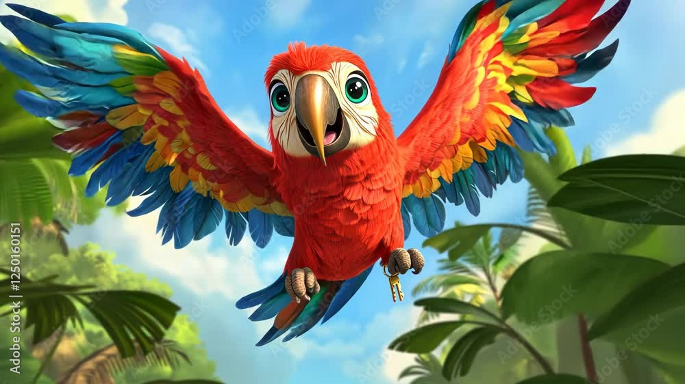 Red macaw flying in jungle, animated 3d cartoon parrot