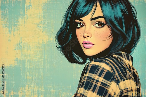 Bold illustration of woman with striking blue hair in plaid shir photo