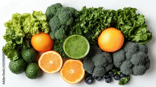 Green smoothie with fruits & veggies on white photo