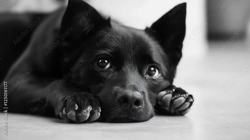 Close Up of a Black Dog with Expressive Eyes Resting on a Floor in a Cozy Indoor Setting : Generative AI Close Up of a Black Dog with Expressive Eyes Resting on a Floor in a Cozy Indoor Setting : Generative AI