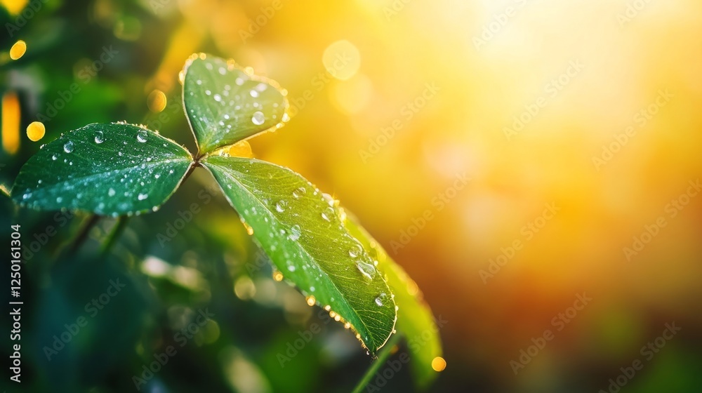 Vibrant green clover with dew drops bathed in golden sunlight, symbolizing luck and renewal in nature's embrace. Vibrant green clover with dew drops bathed in golden sunlight, symbolizing luck and renewal in nature's embrace.