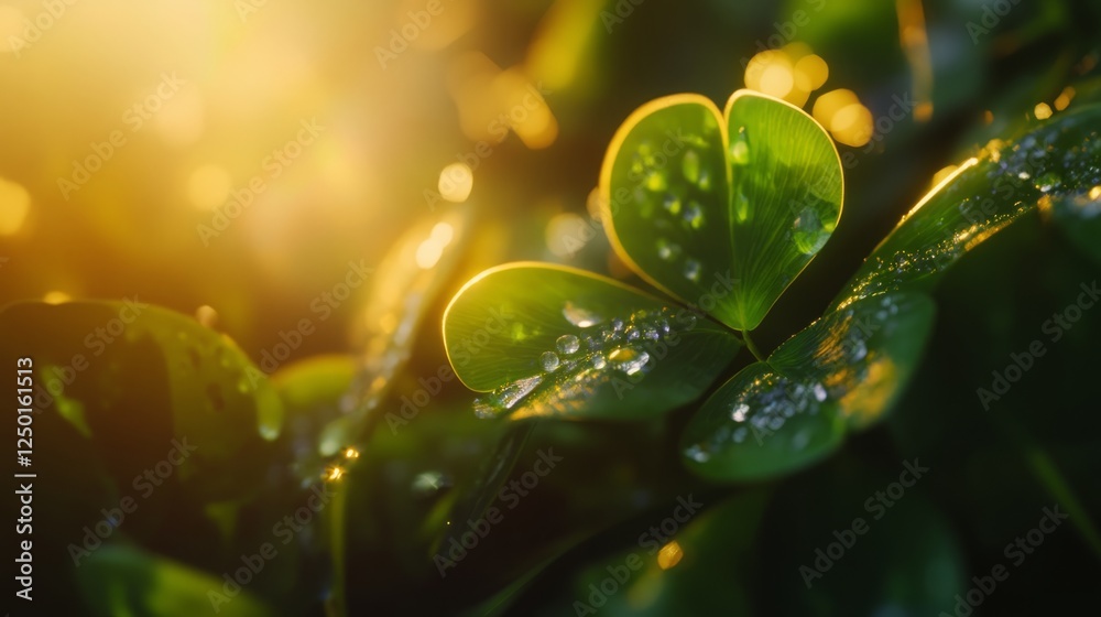 Vibrant green clover with dew drops bathed in golden sunlight, symbolizing luck and renewal in nature's embrace. Vibrant green clover with dew drops bathed in golden sunlight, symbolizing luck and renewal in nature's embrace.