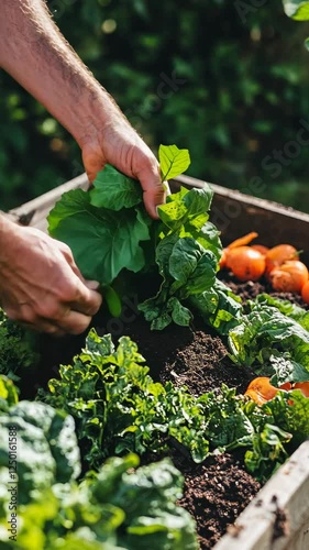 Hands carefully picking fresh greens from a vibrant vegetable garden at midday
