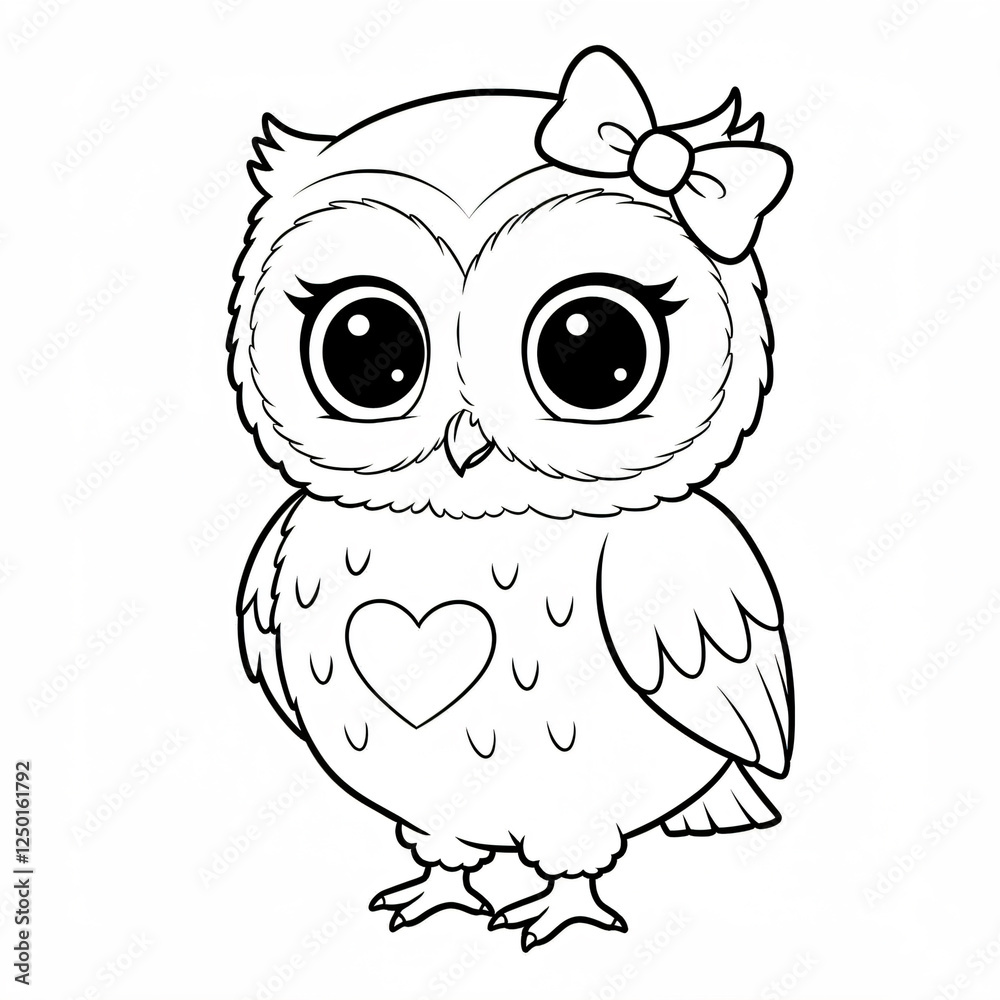 Black and white cartoon drawing of an owl with a bow and heart on its chest. Black and white cartoon drawing of an owl with a bow and heart on its chest.
