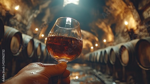 Brandy Glass Held In Cellar With Wine Barrels