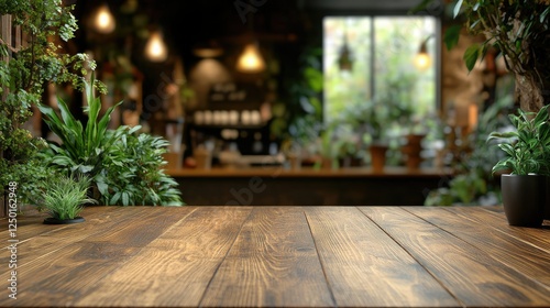 Wooden Tabletop with Plants and Blurred Cafe Background